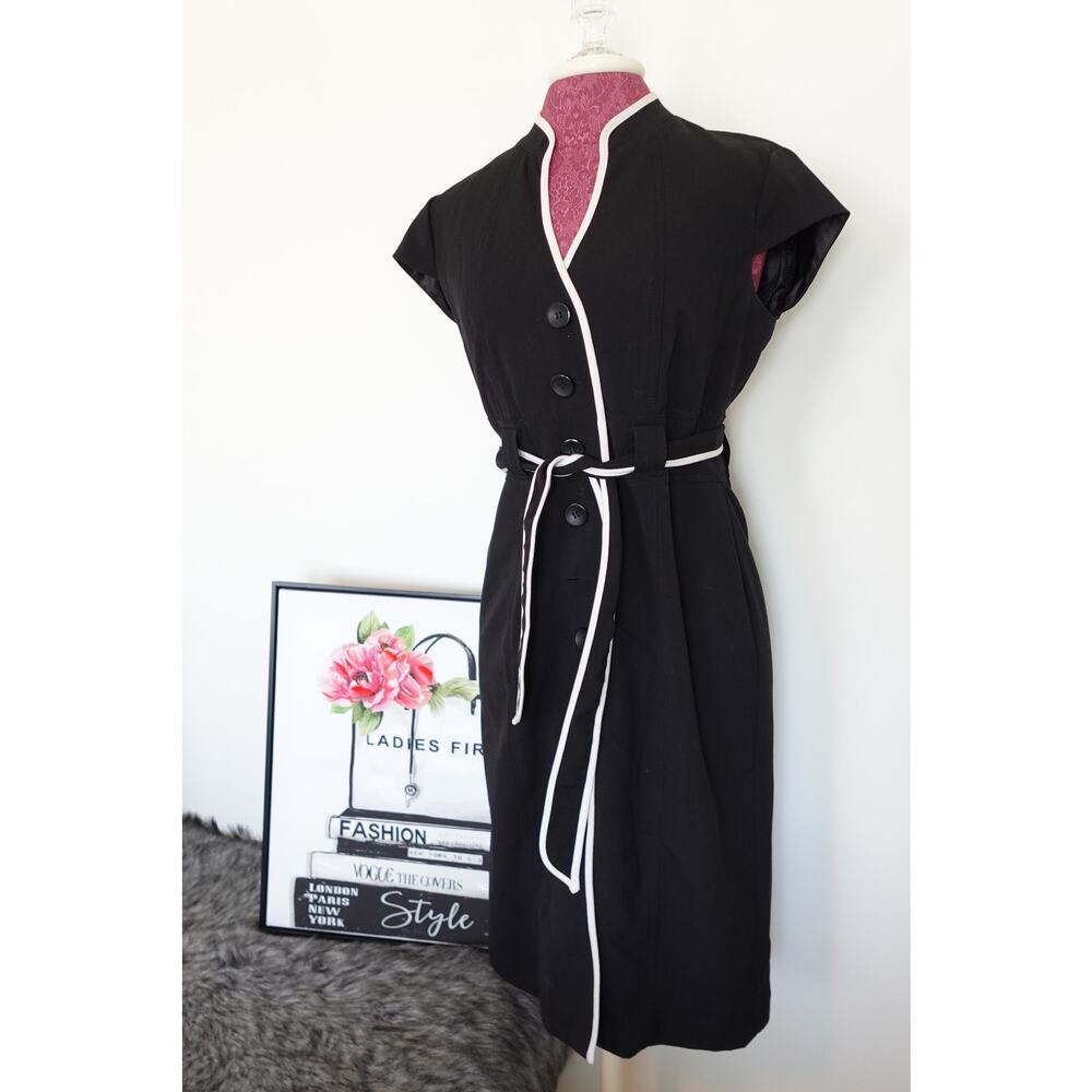 Sandra Darren Classic Black with white trim belted & lined dress